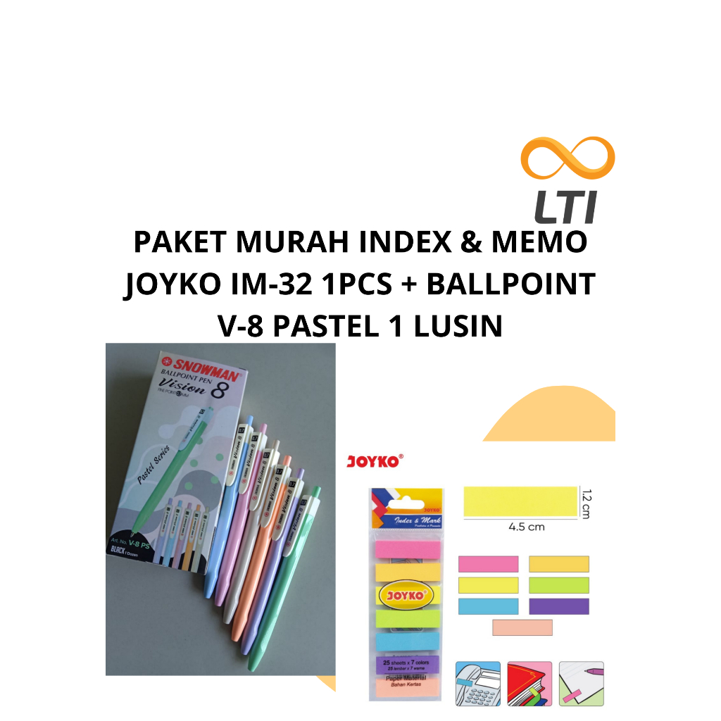 

PAKET MURAH INDEX & MEMO JOYKO IM-32 1PCS + BALLPOINT V-8 PASTEL 1 LUSIN