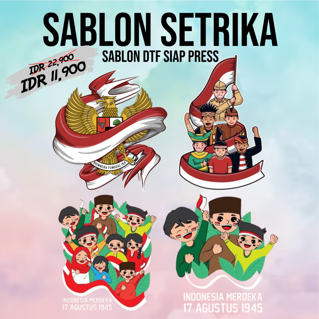 

STIKER DTF SABLON SETRIKA TEMA KEMERDEKAAN INDONESIA REPUBLIK INDONESIA LUCU CHIBI PRINTING, SABLON PRINTING