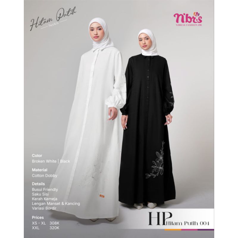 Nibras Gamis HP Hitam Putih 004 | Gamis Hitam Bordir | Gamis Dewasa Putih Polos | Gamis Nibras Kekin