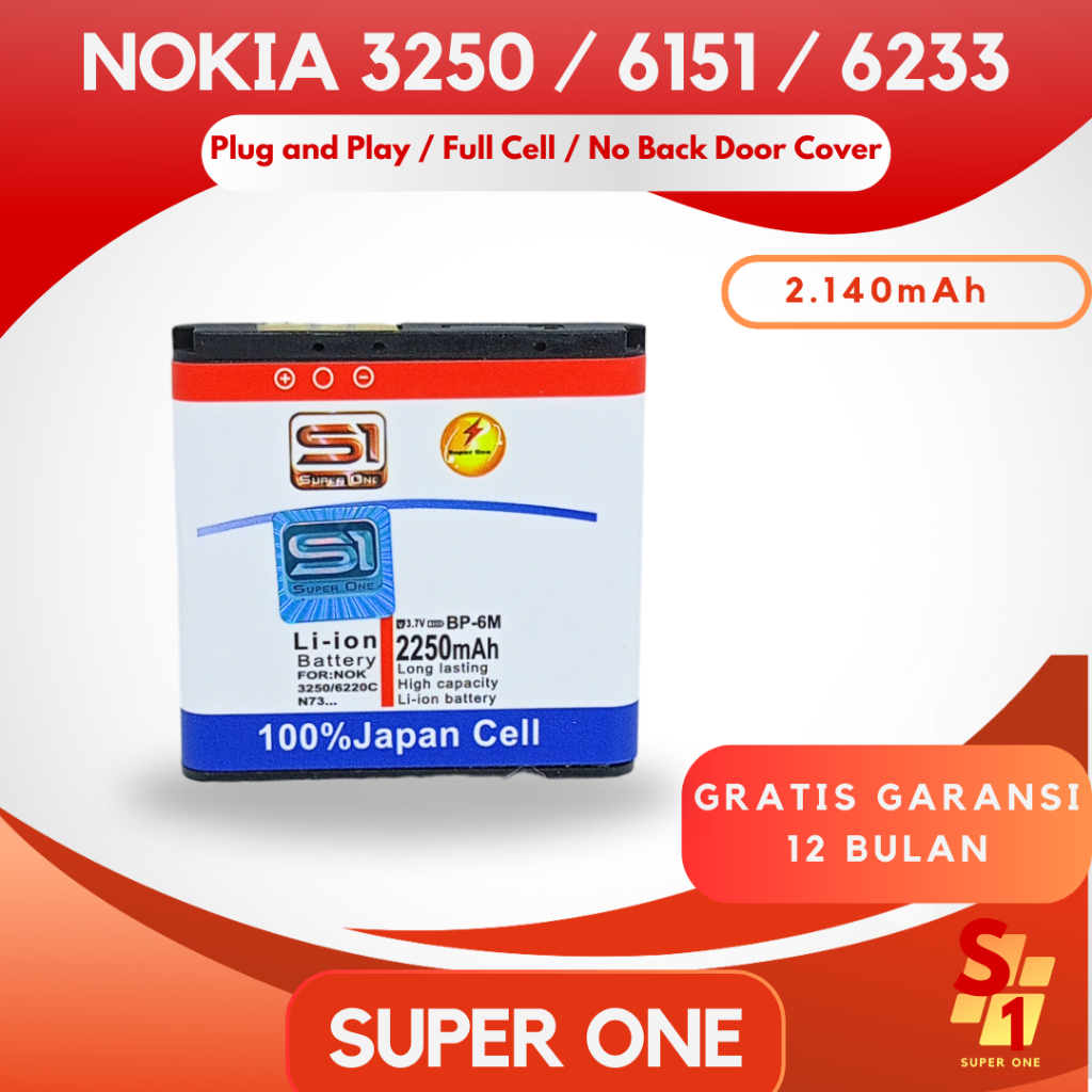 Super One - Original Baterai Nokia 3250 / 6151 / 6233 Battery 2.140mAh For HP Type BP-6M Batre Power