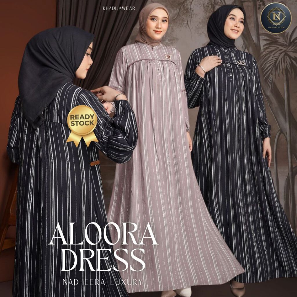 [BISA COD] ALOORA DRESS NADHEERA LUXURY alora salur gamis nadhera rayon premium black taupe garis