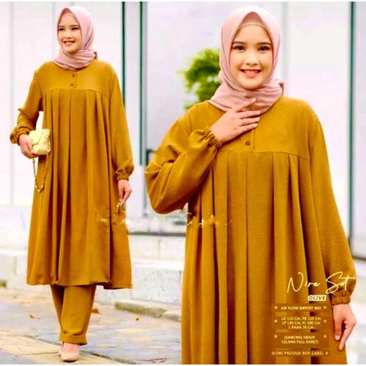 SIZE JUMBO NIRA SETCEL LONG TUNIK + CELANA bahan PREMIUM / SETELAN WANITA Terbaru modern / GAMIS BUS