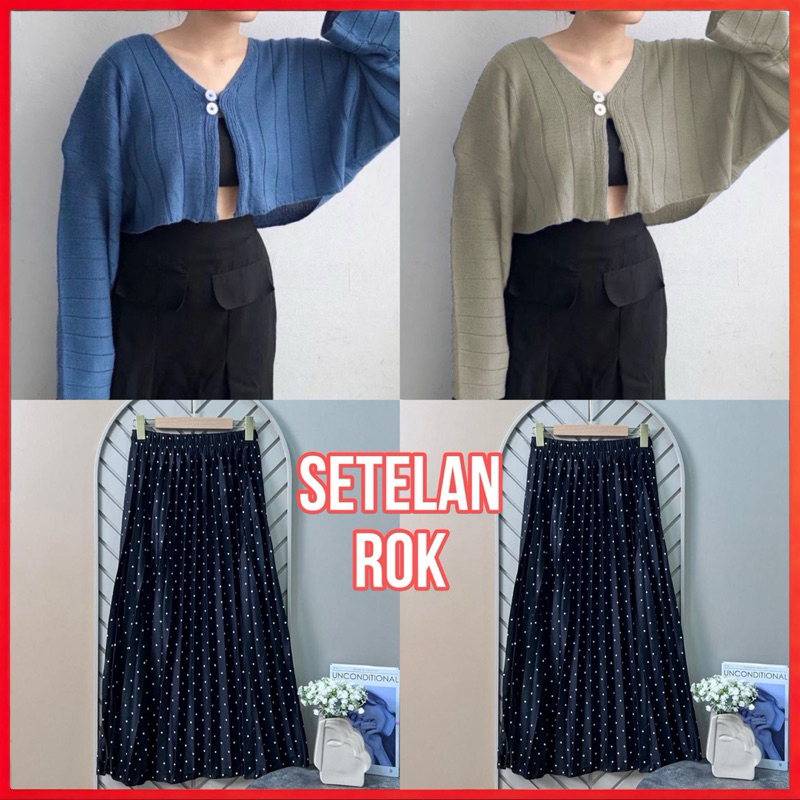 ONE SET ROK PLISKET POLKADOT PREMIUM DAN CLARISA CARDIGAN / ONESET WANITA KOREAN STYLE / ONESET WANI
