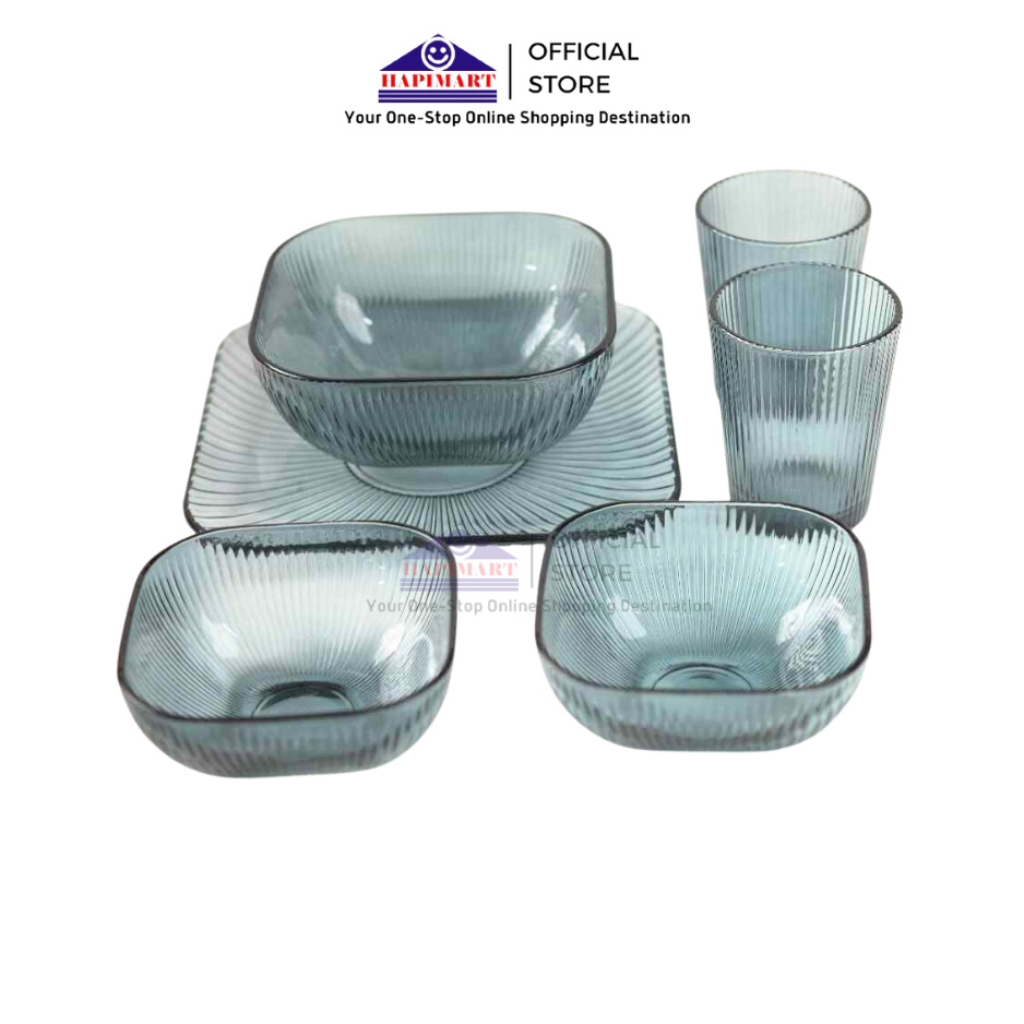 SET 6 Pcs  Mangkok Piring dan Gelas /Alat makan/Set mangkok piring dan gelas transparan/Glass Bowl S