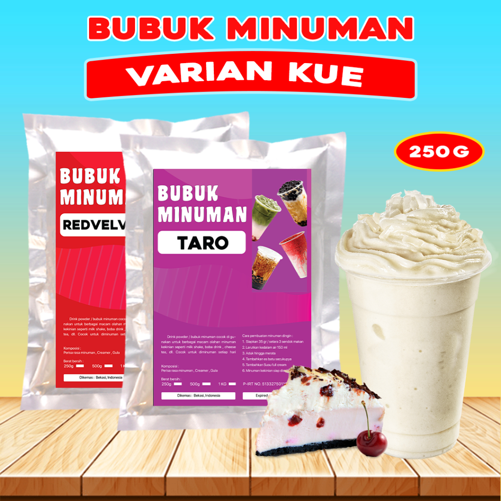 

BUBUK MINUMAN RASA 250G / SERBUK MINUMAN RASA KUE / BUBUK MINUMAN KEKINIAN / BUBUK MINUMAN PREMIUM
