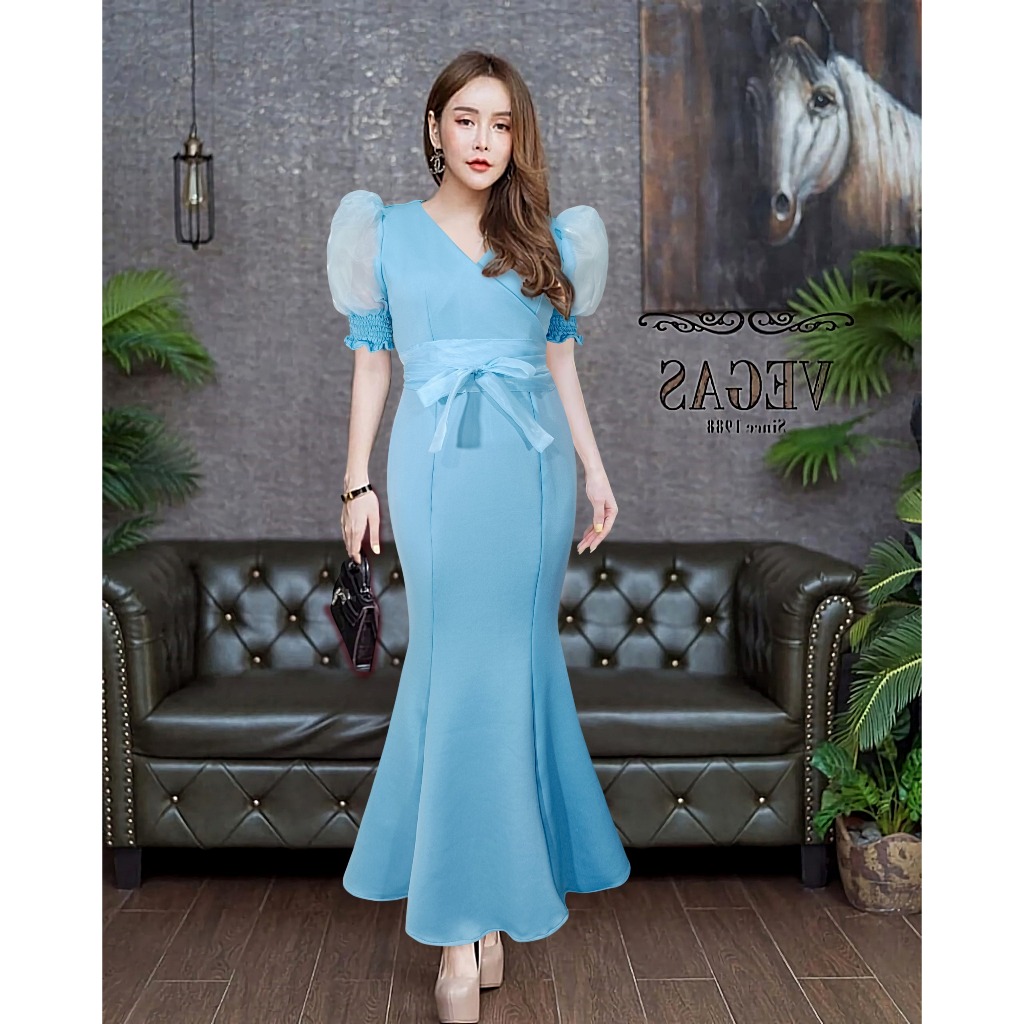 Joanne Fashion | Dress Pesta Wanita Mewah Elegan Formal Lengan Puff Rok Duyung Mermaid Bahan Scuba P