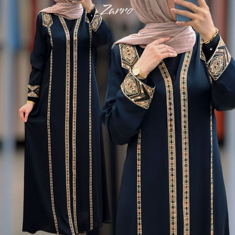 ABAYA ZARRO BORDIR GOLD BAHAN JETBLACK ALKHATIB COLLECTION DEWASA S M L XL XXL / COD / GAMIS SYARI /