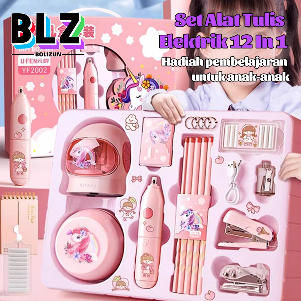 

BOLIZUN 12 in 1 Alat Tulis /Elektrik Rautan Penghapus Vacuum Pensil Anak Alat Perkakas Belajar Anak Perempuan Kado Electric Stationery Set