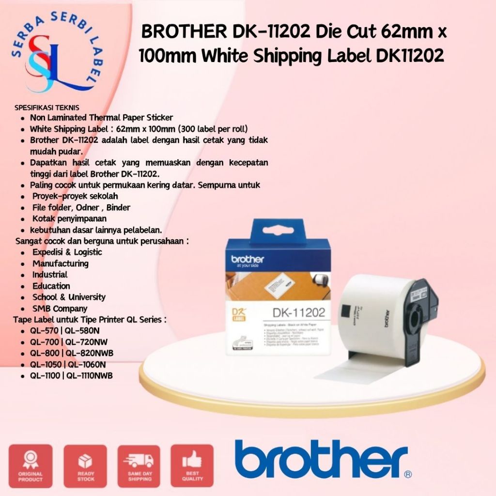 

BROTHER DK-11202 Die Cut 62mm x 100mm White Shipping Label DK11202