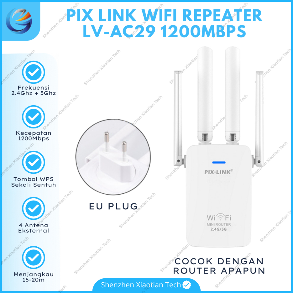 PIX LINK WIFI REPEATER 1200MBPS 2.4G + 5G LV-AC29 Wireless Wifi Range Extender Router Penguat Sinyal