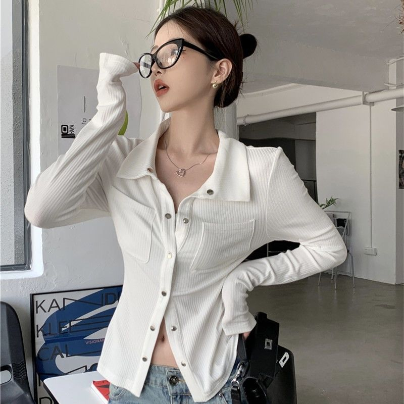 Kaus kardigan Wanita polo Lengan Panjang T-shirt