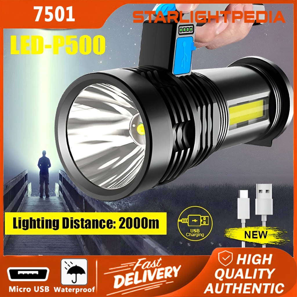Senter LED Super Terang Rechargeable + COB Senter Led Jarak Jauh + COB MX-7501 4 MODE