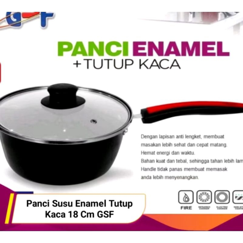 Panci Susu Enamel Dan Tutup Kaca 18 Cm 4018 GSF/ Panci Susu Enamel Anti Lengket/ Panci Serbaguna