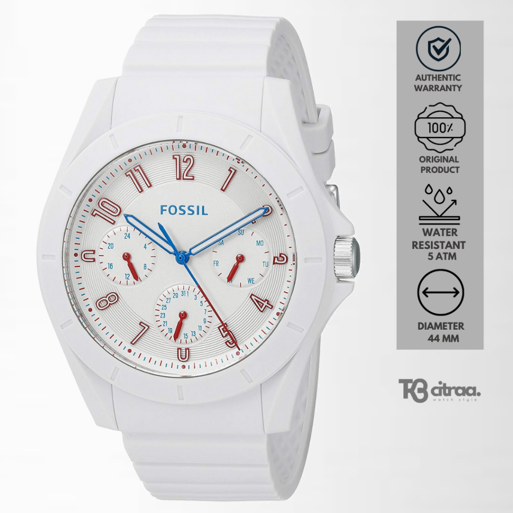 jam tangan Fashion pria fossil poptastic analog strap rubber silicone white chronograph multifunctio