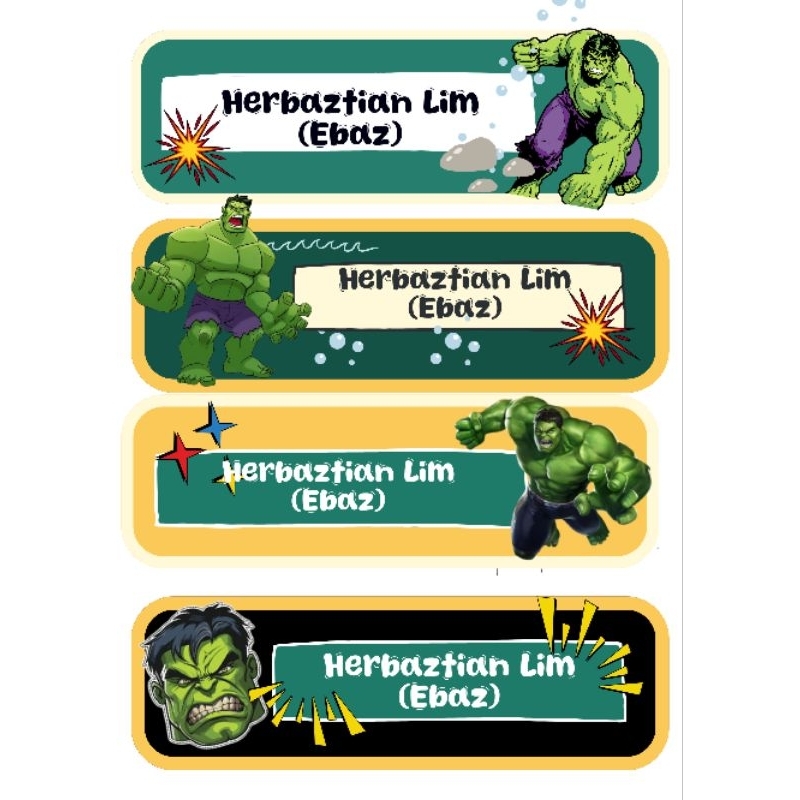 

Dapat 80pc. TEMA HULK. TERMURAH!! LABEL STICKER NAMA