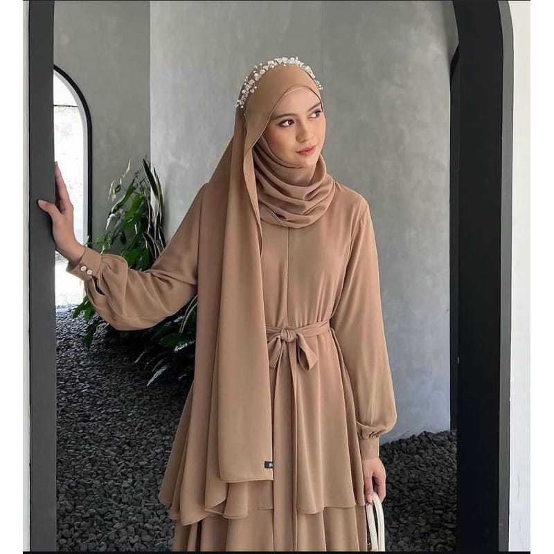 Gamis Rempel Susun Set Hijab Pashmina Polos Premium Gamis Ceruty Dress Terbaru