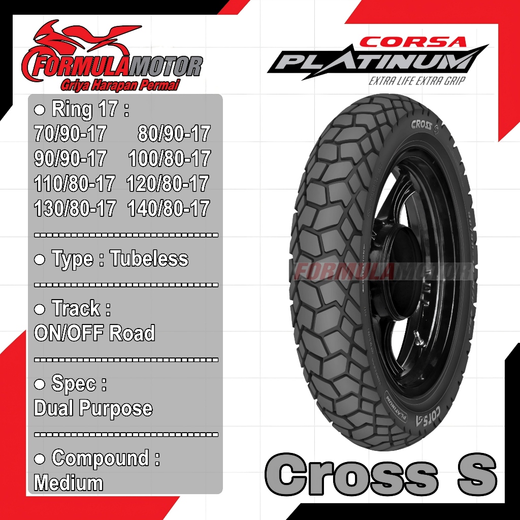 Corsa Cross-S Ring 17 Tubeless All Size (Dual Purpose) Ban Tubles Motor Ukuran 70/90-17, 80/90-17, 9