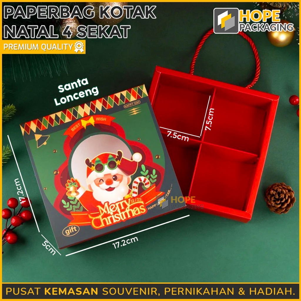 

TERMURAH Paper Box Kotak Natal 4 Sekat kotak Kue Natal Box Kue Pie Kotak Packaging Natal Souvenir Snack Paper Bag Box Natal