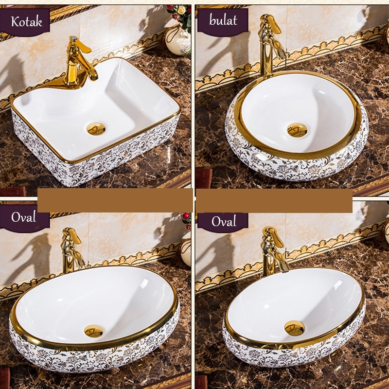 Wastafel Model Eropa Mewah Putih Gold Meja Cuci Muka Kamar Mandi