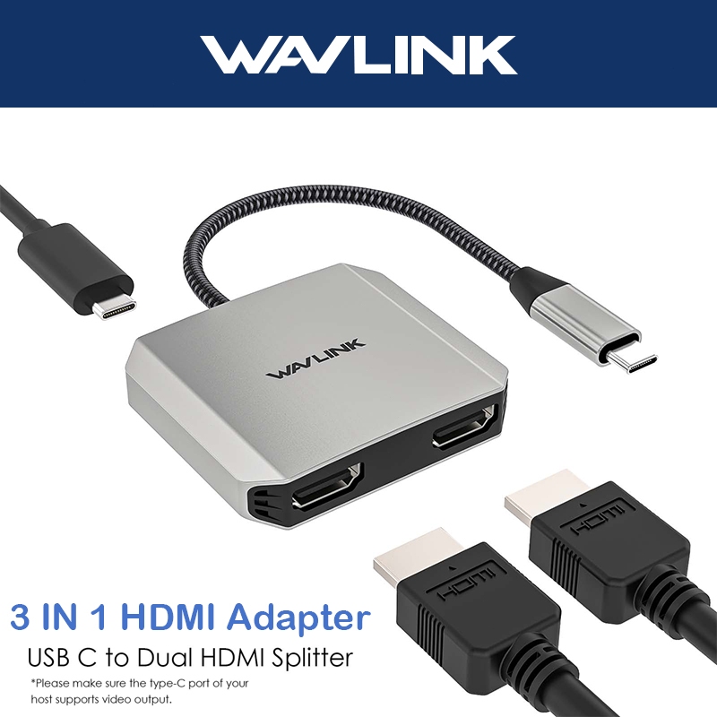 WAVLINK Hub Type C to Dual HDMI 4K@60Hz Adapter Converter USB C 3-in-1 Splitter PD 87W untuk Laptop/