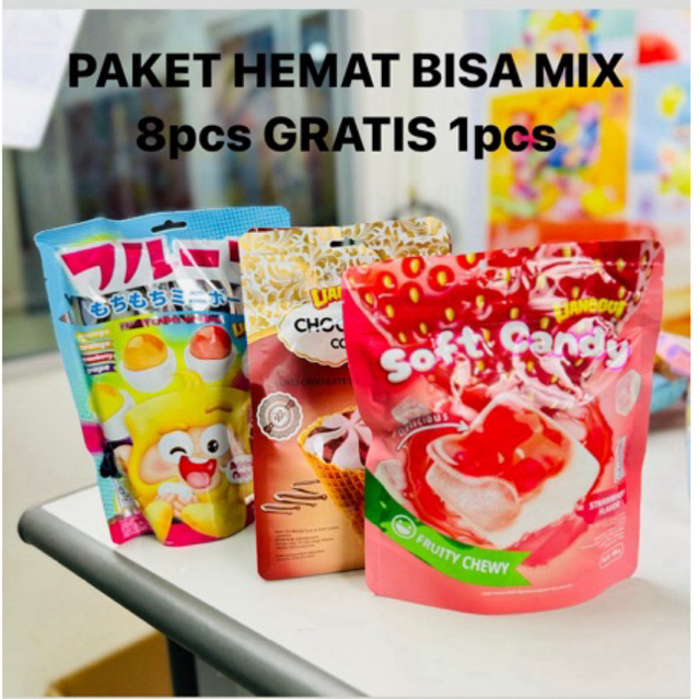 

PAKET HEMAT MIX 8pcs GRATIS 1pcs (CHOCOLATE CONES, SOFT CANDY, & FRUIT CHEWY MINI BALL)