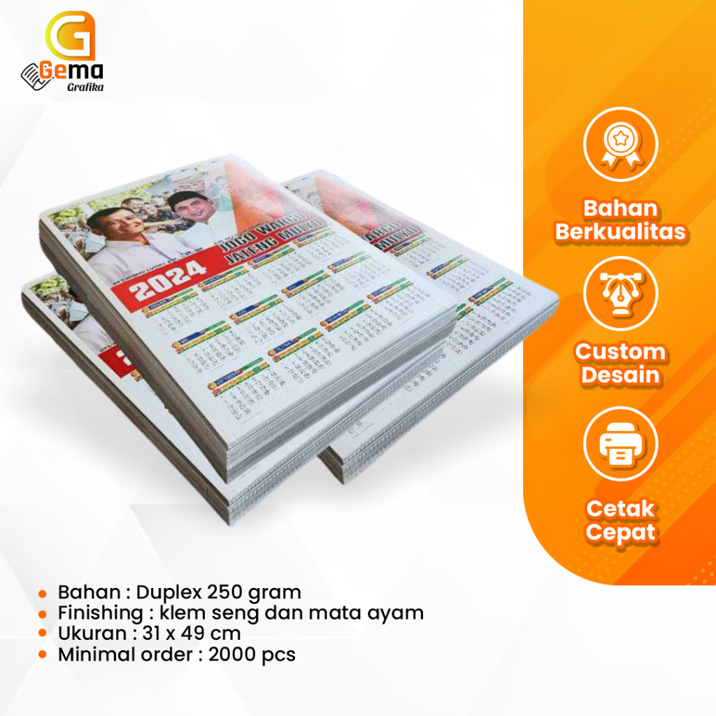 

Cetak Kalender Tahunan Caleg Custom Finishing Klem Seng Mata Ayam Berkualitas Gambar Jelas