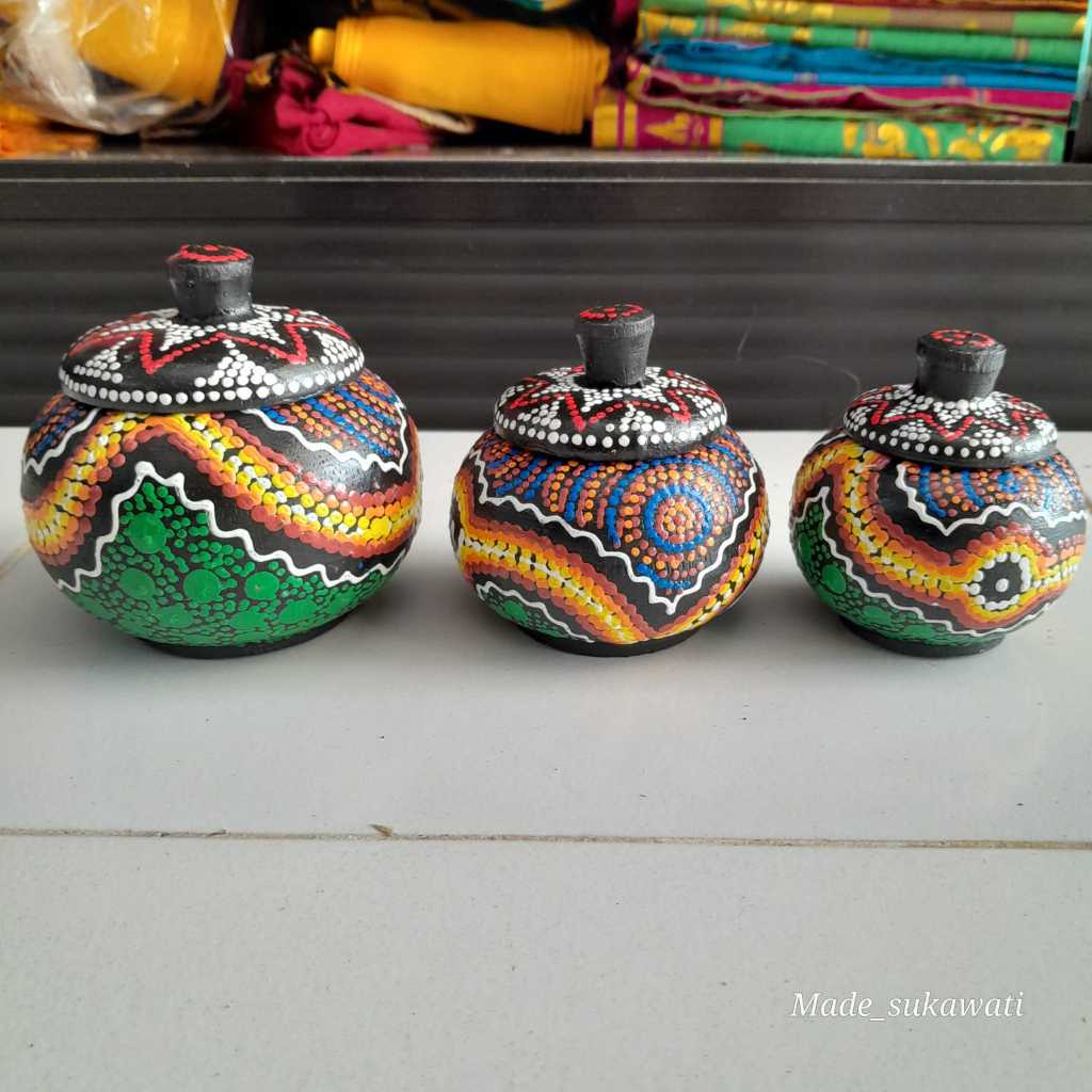 1 Set Wadah Tempat Permen Lukis Tutul Motif Buah Kayu Bali Isi 3Pcs