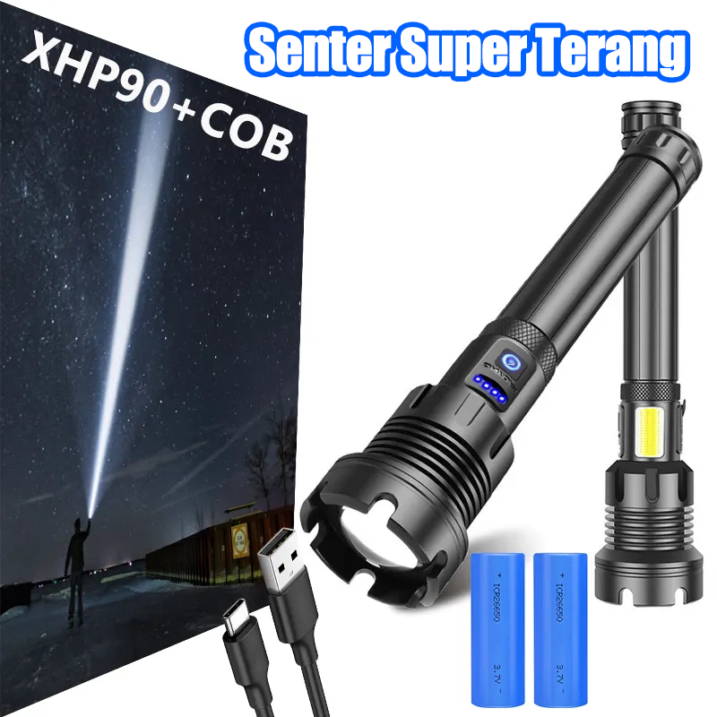 ANBOLT P90 Senter Super Terang 300000 Lumen XHP199 Senter Konfigurasi Tertinggi Manik-manik Lampu Le