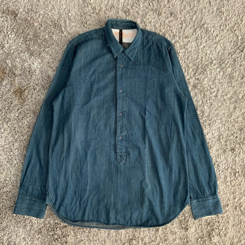Nudie kemeja pria bahan denim Original