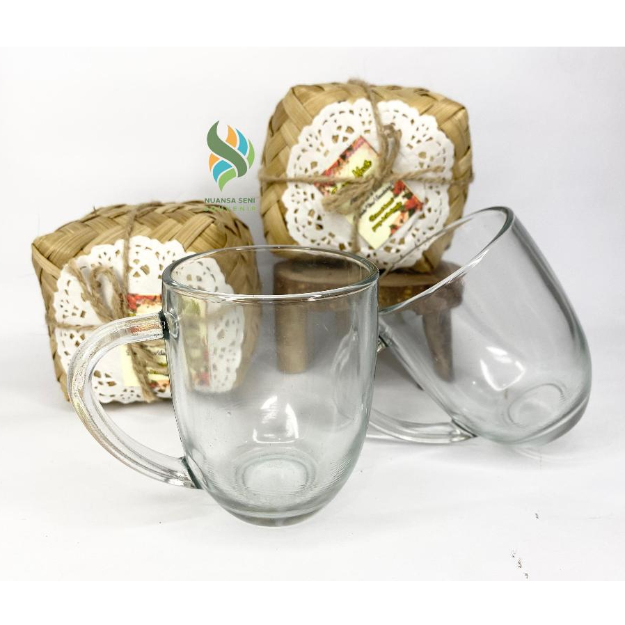 Souvenir Gelas Minum Gagang Mug Oval Kecil Cangkir Kopi Tumbler Mug Kaca Bening Polos