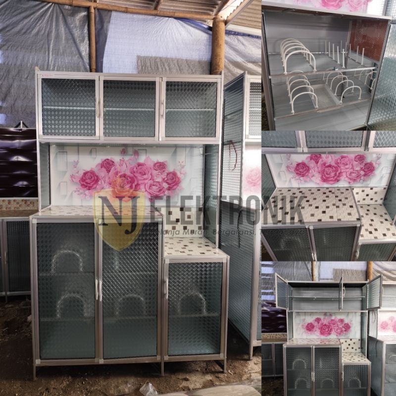 RAK PIRING 3 PINTU LEMARI PIRING KACA RAK PIRING BUNGA