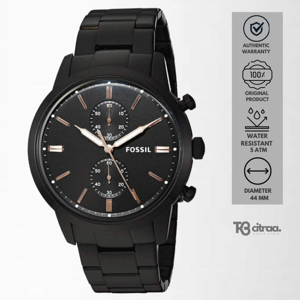 jam tangan fashion pria Fossil Townsman analog rantai chronograph Men Black Dial Black Stainless Ste