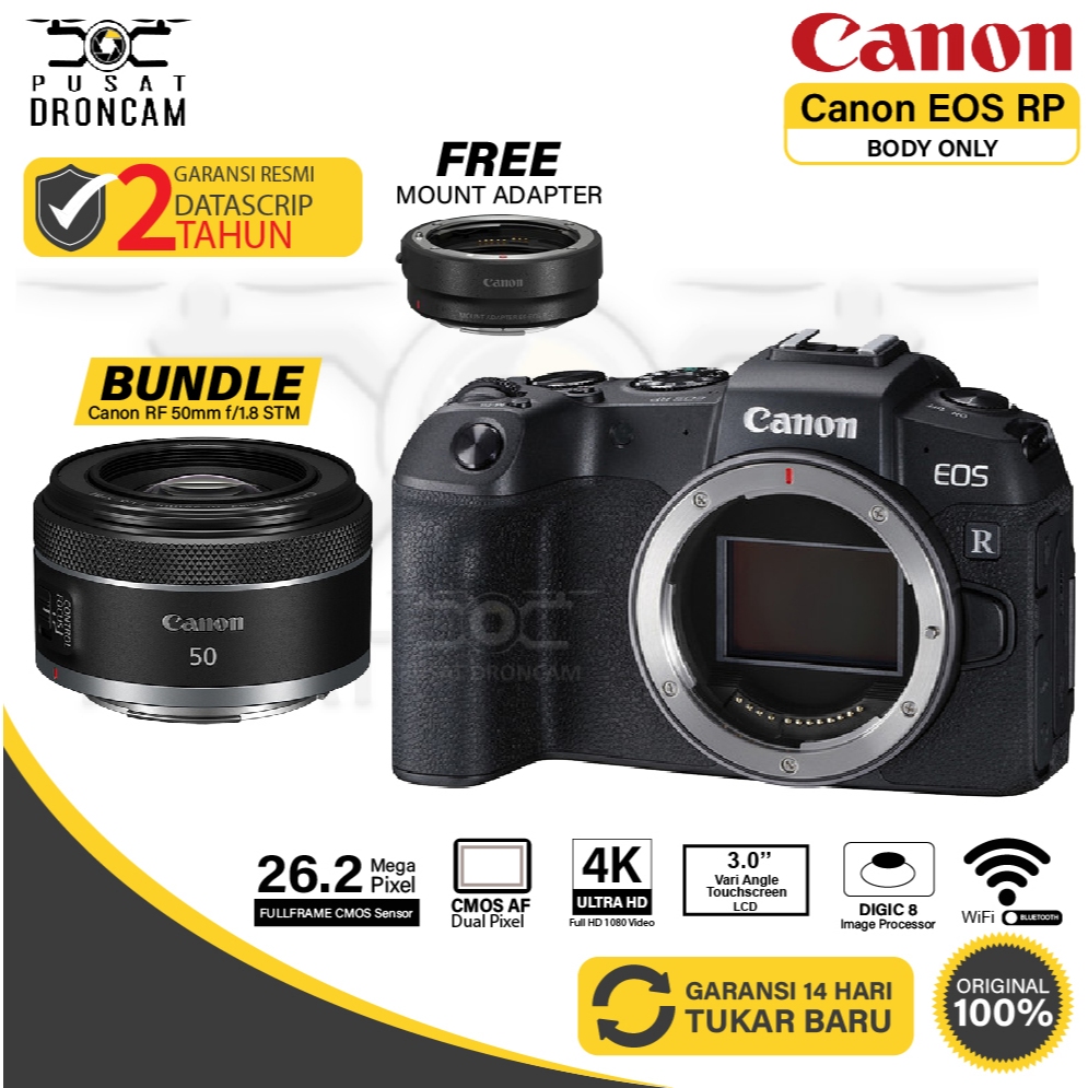 Canon EOS RP Body Only / RF 16MM F2.8 / RF 35MM F1.8 / RF 50MM F1.8 / RF 85MM F2 Mirrorless Camera P