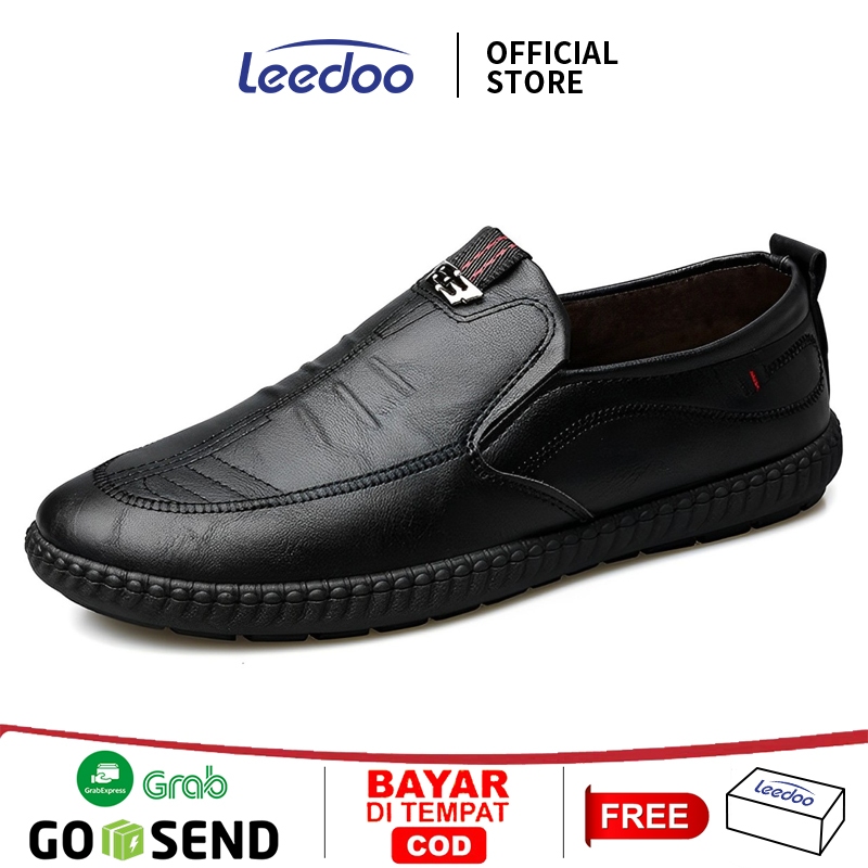 Leedoo Sepatu Slip On Pria Kulit Kerja Formal Sepatu Kuliah Kekinian Shoes Hitam MC446