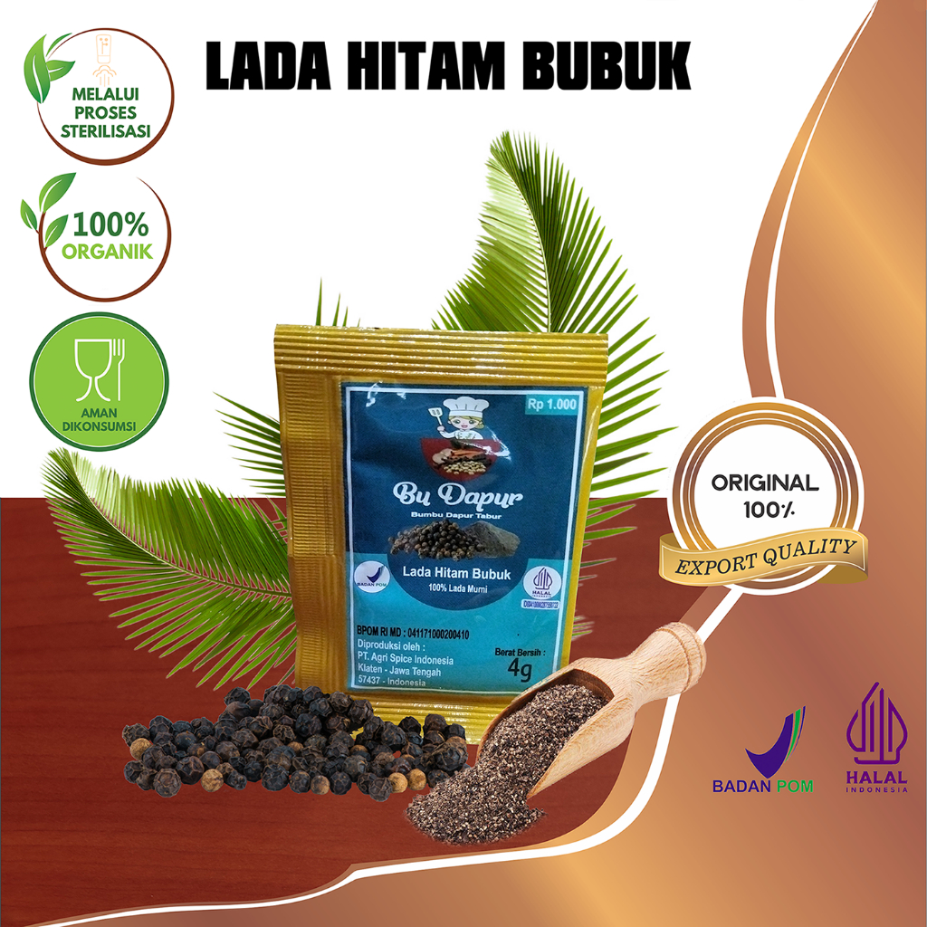 

Bu Dapur Ground Black Pepper / Lada Hitam Bubuk 10 sachet ( @4gr x 10 sachet )