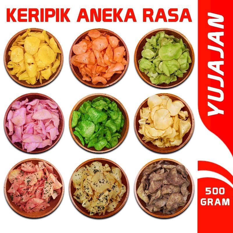 

500gr KERIPIK SINGKONG RENYAH KRISPI 36 RASA By Yujajan Snacks Keripik Singkong Kriwil Pedas Gurih