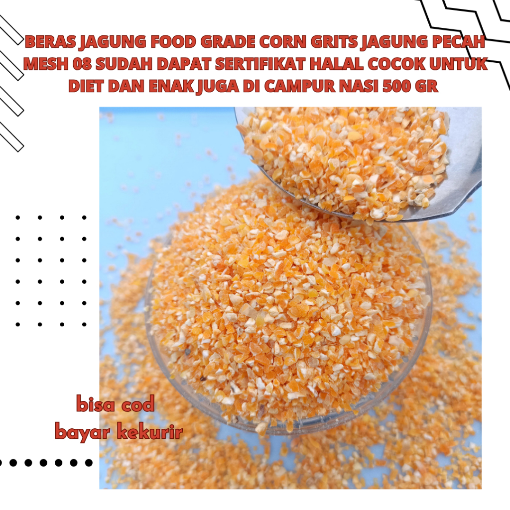 

Beras Jagung Food Grade Corn Grits jagung pecah Mesh 08 sudah dapat sertifikat Halal cocok untuk diet dan enak juga di campur nasi 500 gr