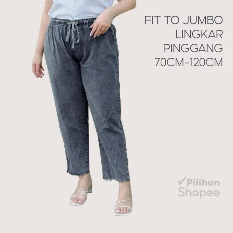 CELANA BAGGY PANTS JEANS RAWIS WANITA PINGGANG KARET UKURAN STANDART DAN JUMBO