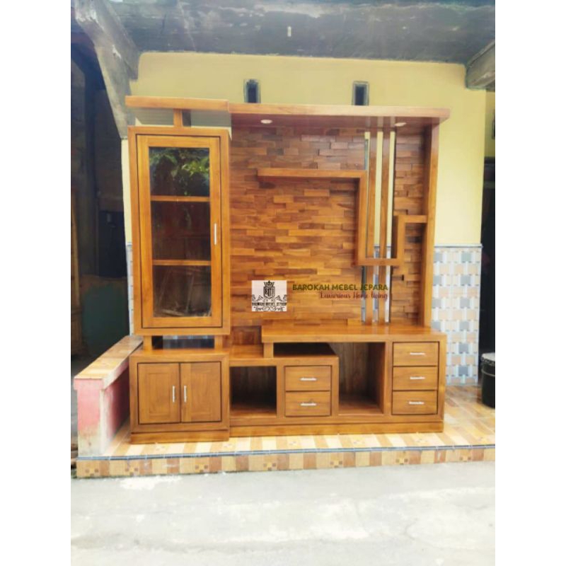 Bufet tv partisi kayu jati perhutani grade minimalis motif bata , buffet backdrop tv jati minimalis 