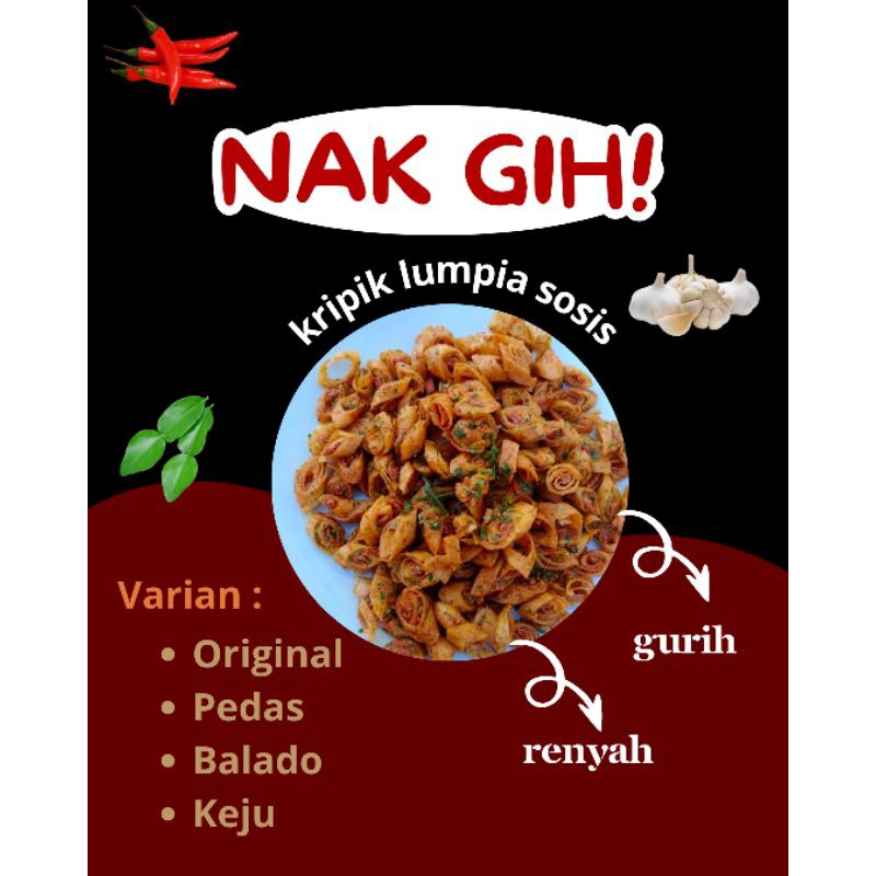 

Nakgih ~ Kripik kulit lumpia sosis pedas daun jeruk | original | keju | balado 250g