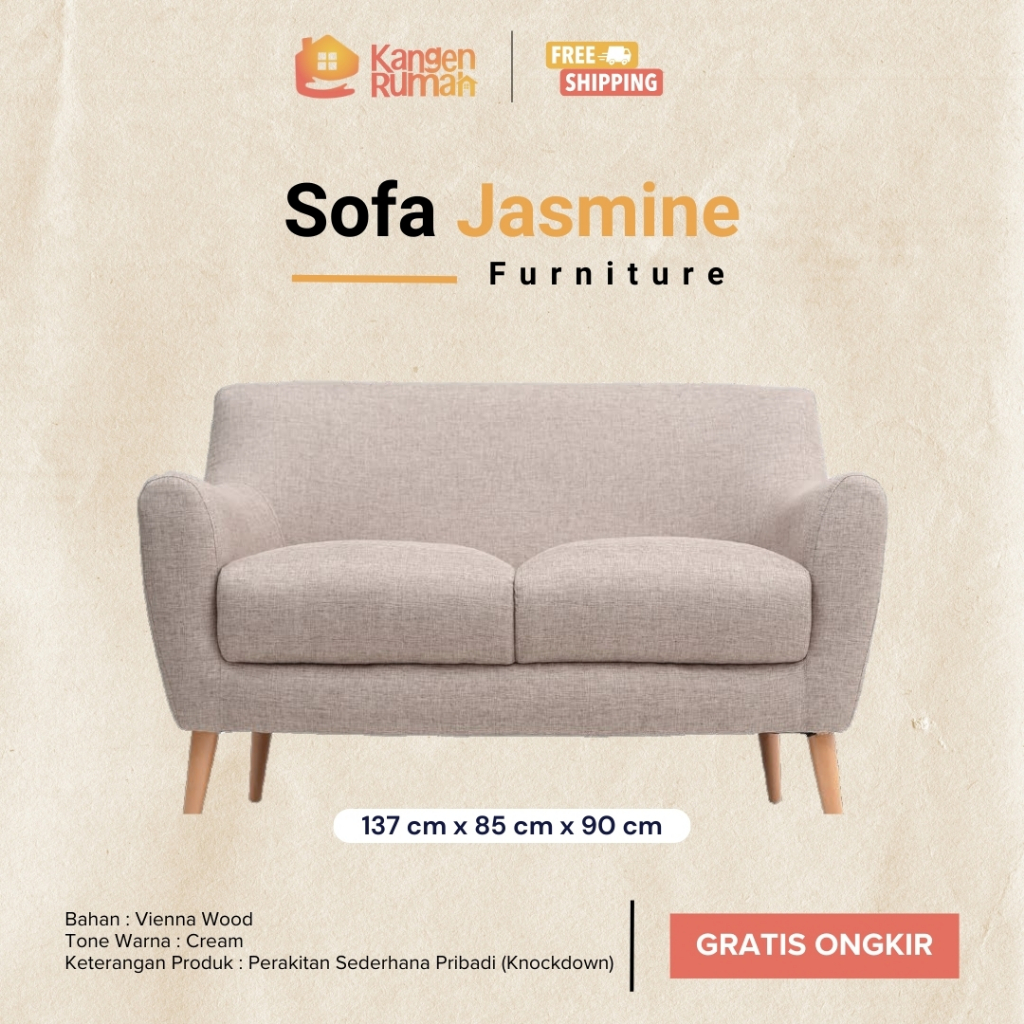 Kangen Rumah Sofa Minimalis 2 Seater Jasmine/ Sofa 2 Dudukan- Cream