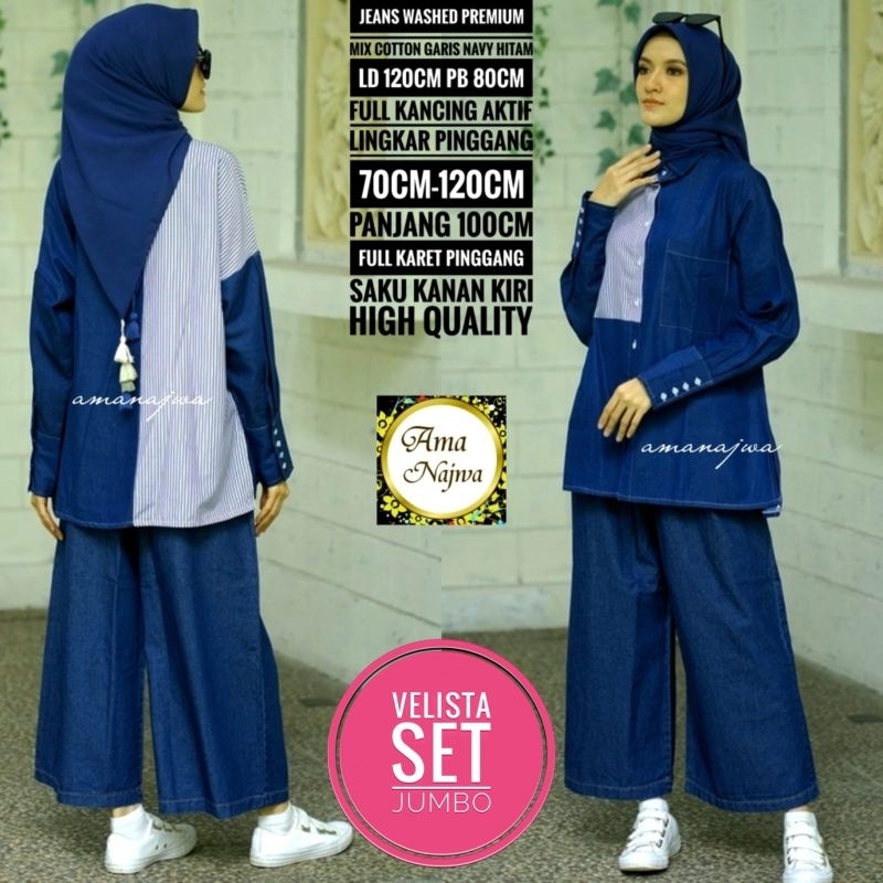 Velista One Set Setelan Celana Kulot Tunik Jeans Ld 120 Fit XXXL By Amj