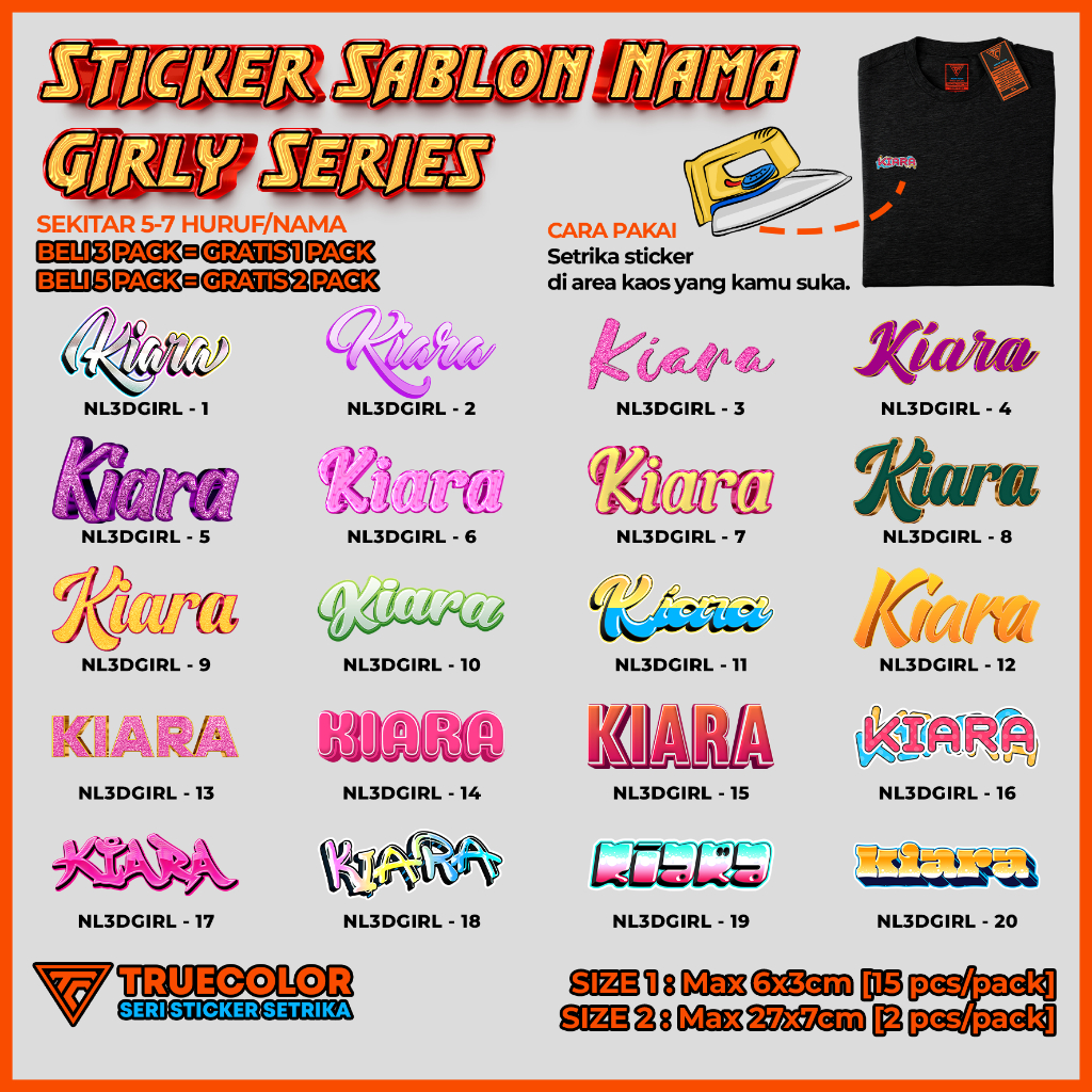 

TRUECOLOR (2 Size) Sticker Label Nama Kaos, Sablon Setrika Custom Nama dan Kata – GIRLY Series