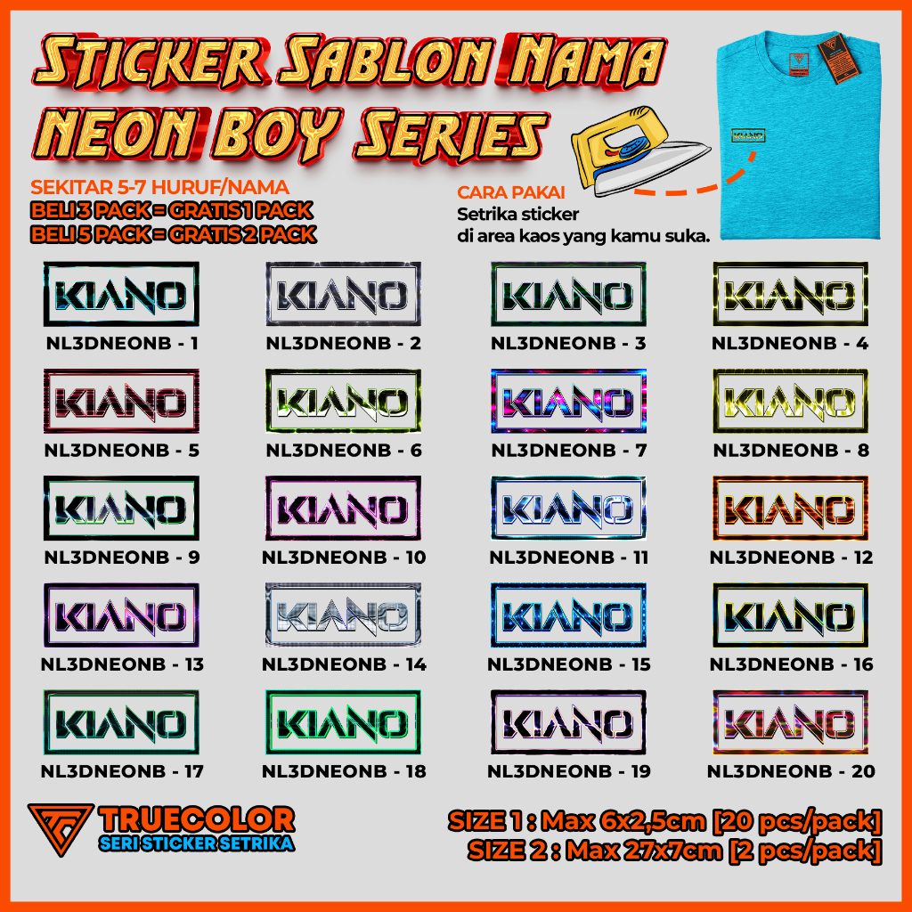 

TRUECOLOR (2 Size) Sticker Label Nama Kaos, Sablon Setrika Custom Nama dan Kata – NEON BOY Series