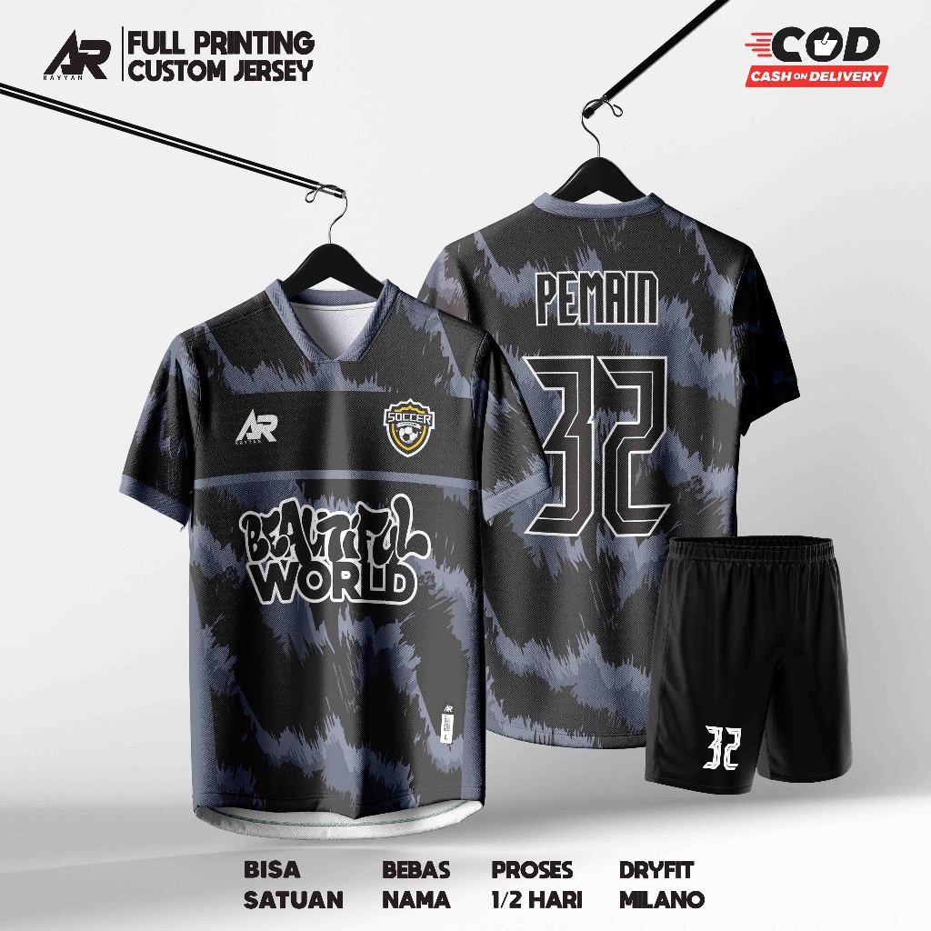 JERSEY BAJU BOLA FUTSAL VOLI CUSTOM FULL PRINTING HITAM ABU BEBAS NAMA