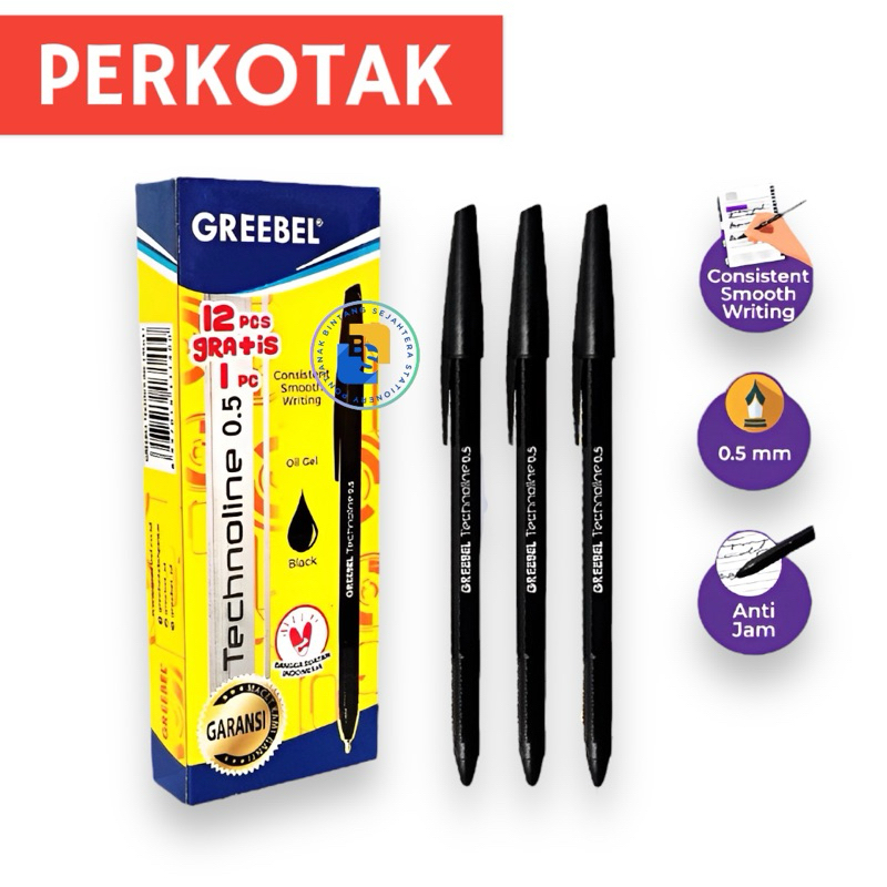 

12 Pcs - Pulpen Grebeel Technoline 0.5 HITAM Bonus 1 pcs