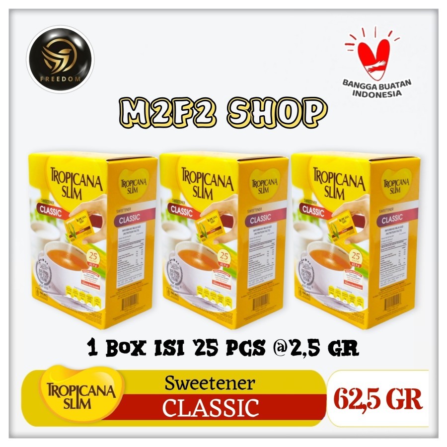 

Tropicana Slim Classic Sweetener | Gula Manis Alami Nol Kalori Isi 25 Sachet | MT - 62,5 gr (Kemasan 3 Box)