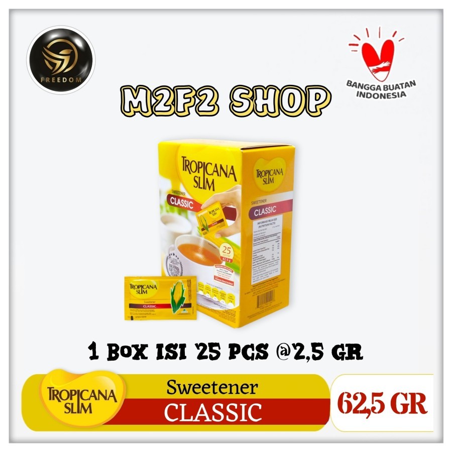 

Tropicana Slim Classic Sweetener | Gula Manis Alami Nol Kalori Isi 25 Sachet | MT - 62,5 gr (Kemasan 1 Box)