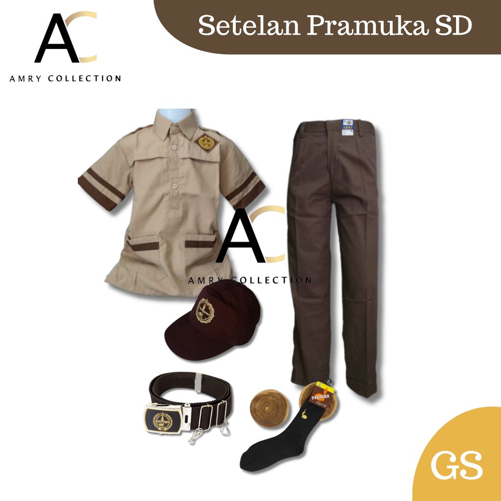 Setelan Pramuka Siaga SD Lengan pendek Celana Panjang Pinggang Karet Warna Coklat Susu Kelas 1-6 Baj