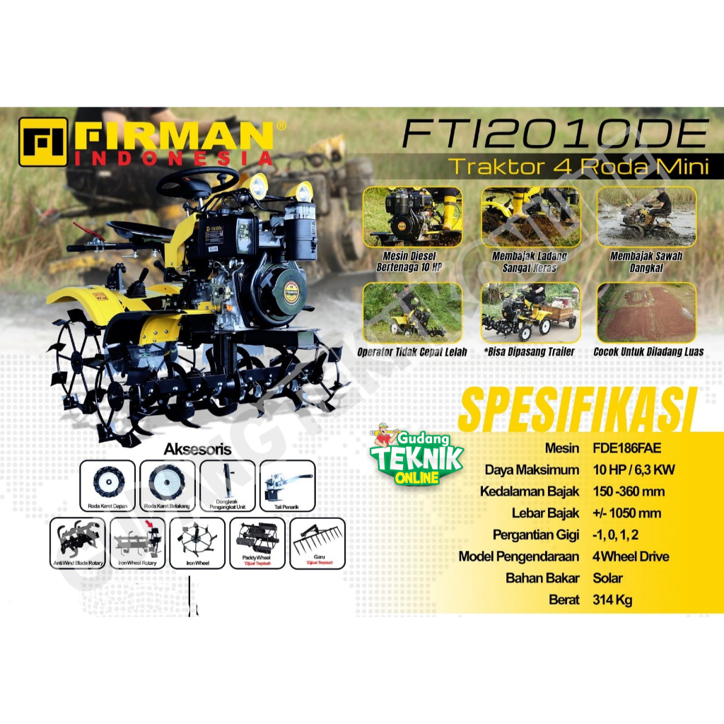 FIRMAN Mesin Traktor Mini 4 Roda FIRMAN FTI2010DE DIESEL 10HP / Mesin Traktor Bajak Sawah Kebun Keri